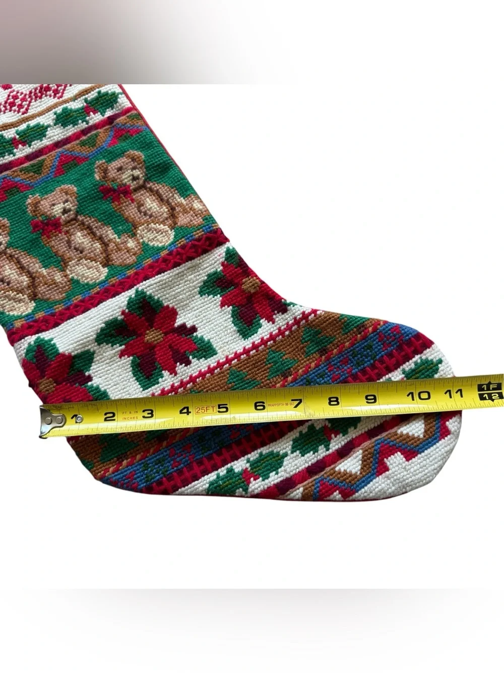 Vintage Wool Needlepoint Christmas Stocking Teddy Bears Poinsettia Holiday Decor